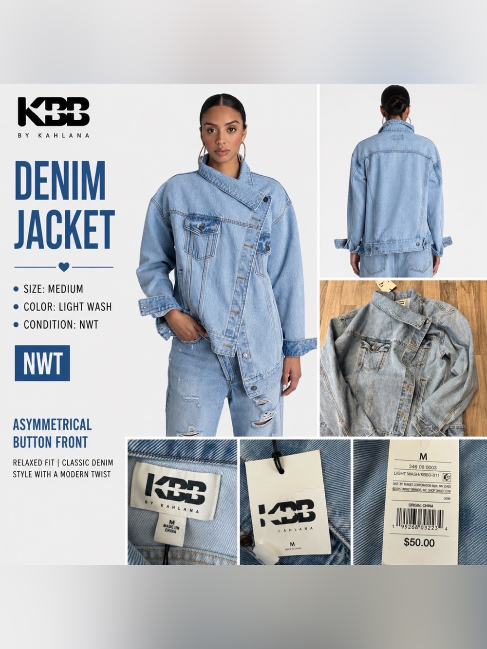 NWT KBB by Kahlana Asymmetrical Denim Jacket Light Wash Medium